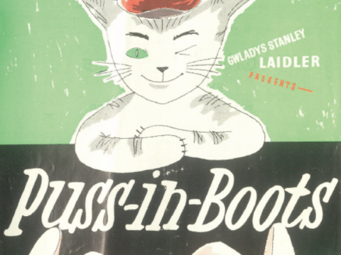 Poster for Puss in Boots, featuring a drawing of a cat with text that reads Puss in Boots.